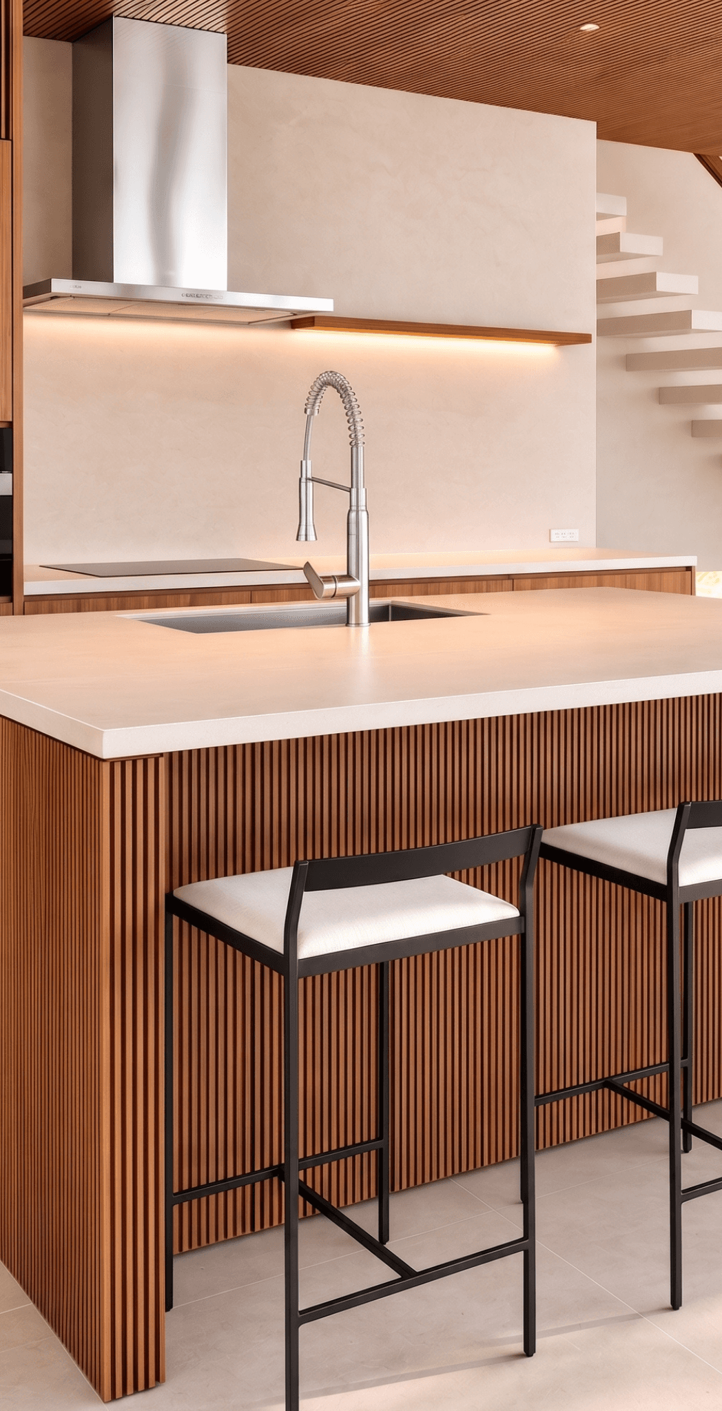 Island kitchen with timber-slatted front and counter stools