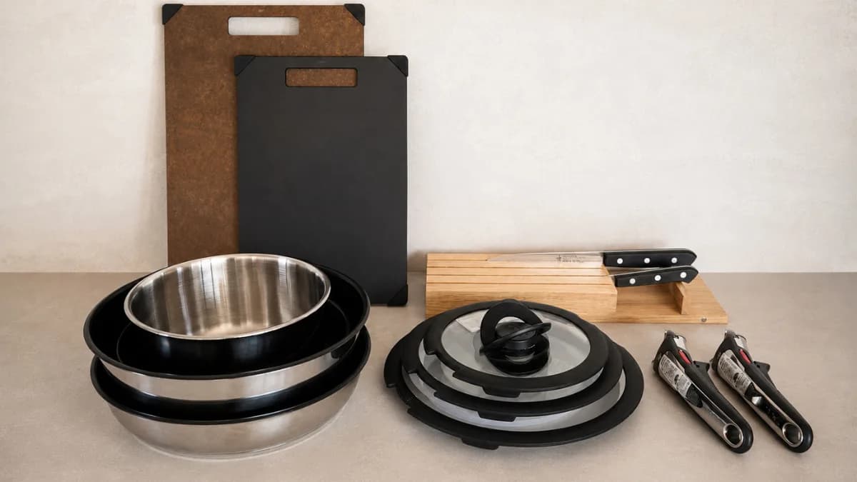 凪音のキッチンに備えた調理器具。鍋、フライパン、ステンレスボウル、まな板、包丁